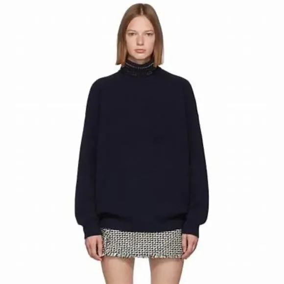 Alexander Wang Navy Blue Crystal Collar Wool Turtleneck Sweater Size L